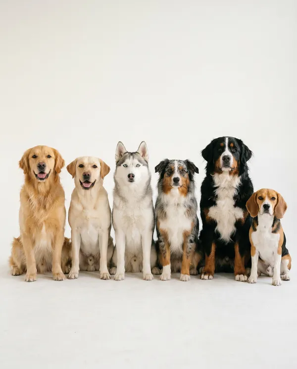 Verschiedene Hunderassen – Golden Retriever, Labrador, Husky, Australian Shepherd, Berner Sennenhund, Beagle